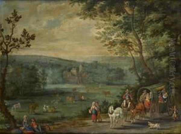 Paysage Pastoral Anime D'un Convoi De Voyageurs Et De Promeneurs - view 1
