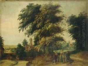 Waldlandschaft Mit Hofischen Figuren.