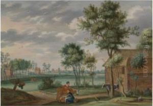 A Farmyard With A Maid Milking A Cow, Extensive Flat Pasturesbeyond