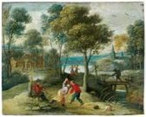 Musicien Faisant Danser Deux Couples Dans Un Paysage