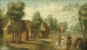 A Village Landscape With Two 
Travellers, Villagers Walking Along A Path And A Church Beyond