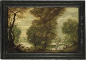 An Extensive Wooded Landscape 
With A Villager Shooting Near A Pond And Travellers Walking Along A Path