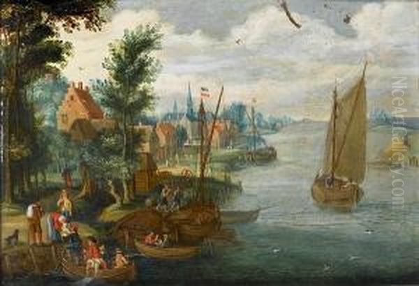 A River Landscape With Figures 
Loading Barges And A Ferry In The Foreground, A Village Beyond - view 1