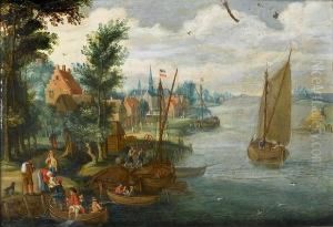 A River Landscape With Figures 
Loading Barges And A Ferry In The Foreground, A Village Beyond