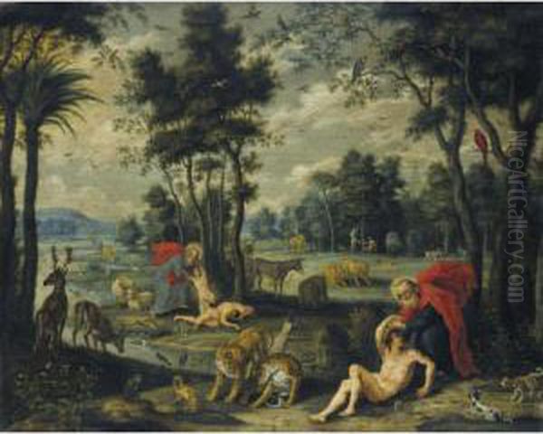 Creation Of Adam And Eve With
The Temptation And Original Sin In The
Background - view 1