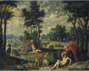 Creation Of Adam And Eve With
The Temptation And Original Sin In The
Background by Isaak van Oosten