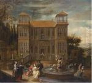 A Country House With Elegant Company Playing Music And Cavorting Inthe Courtyard
