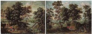 Wooded River Landscapes With Travellers Conversing