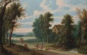 An Extensive Wooded Landscape 
With A Falconer And His Hoop On Apath, Countryfolk And Sheep Beyond