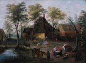 Peasants At Work In A Farmyard by Isaak van Oosten