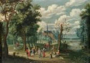 A Wooded Landscape With Peasants Dancing, A Hamlet Beyond