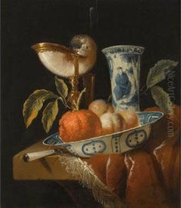 A Still Life With An Orange And 
Peaches In A Porcelain Wan-li Bowl, A Nautilus Cup, A Chinese Porcelain 
Vase And A Knife, All On A Stone Table Draped With A Red Velvet Cloth