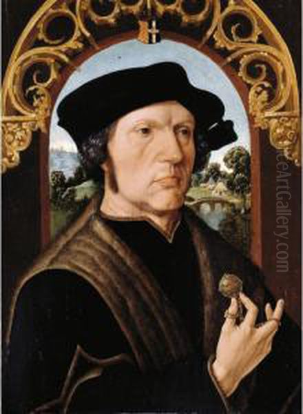 Portrait Of Jan Gerritz. Van
Egmond Van De Dijenborgh, Bust-length Wearing A Black Fur-trimmed Coat,
Holding A Pomander, Seen Within An Arched Decorated Embrasure, A
Landscape Beyond - view 1