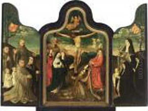A Triptych: Central Panel: The
Crucifixion; Left Wing: Saint Francis With Male Donors; Right Wing:
Saint Barbara With Female Donors - view 1