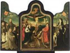 A Triptych: Central Panel: The
Crucifixion; Left Wing: Saint Francis With Male Donors; Right Wing:
Saint Barbara With Female Donors by Jacob Cornelisz. Van Oostsanen