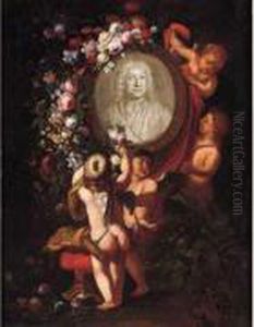 Putti Decouvrant Un Buste by Kaspar Jakob Van Opstal
