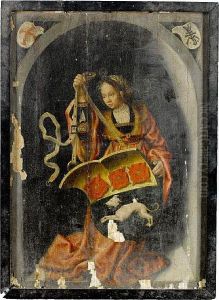 A Female Figure Holding An Heraldic Shield, Within A Painted Niche by Barend Van Orley