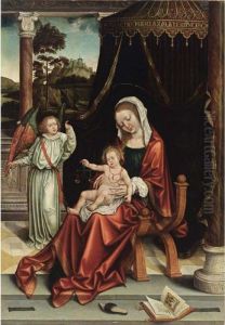 The Virgin And Child Under A 
Canopy, Together With The Archangel Michael, A View Of A Landscape With A
 Castle On A Mountain Beyond