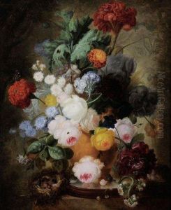 Nature Morte Au Bouquet De Fleurs, Nid Et Insectes