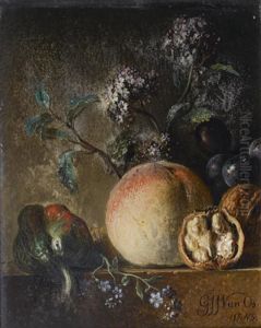 Nature Morte Aux Poivrons, Peches Et Noix Sur Un Entablement