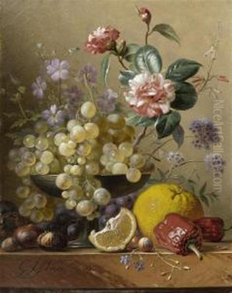 Camellia Spray Amongst Grapes In
A Silver Bowl, With Chestnut, Medlar, Grapefruit, A Slice Of Lemon And
Paprika On A Marble Ledge - view 1
