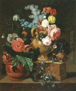 Still Life Of Urn And Flowers On A Marble Ledge by Georgius Jacobus J. Van Os