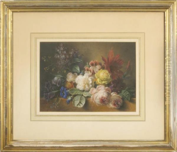 Still Life Of Roses, Lilacs And Other Flowers On A Marbleledge - view 1