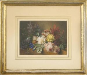 Still Life Of Roses, Lilacs And Other Flowers On A Marbleledge by Georgius Jacobus J. Van Os