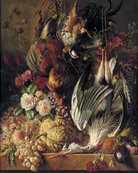 Flowers, Fruits And Poultry On A Ledge - view 1