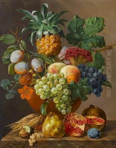 A Still Life With Mixed Fruit And Flowers On A Ledge