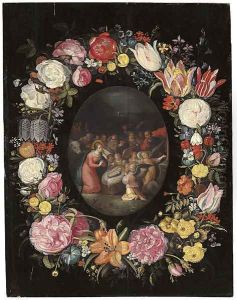 The Adoration of the Shepherds surrounded by a floral garland by Frans II Francken