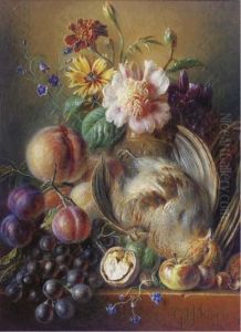 Partridge, Prunes, Peaches, Grapes And Flowers In A Vase On A Ledge