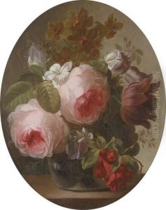 Roses, Jasmine, A Tulip And Other Flowers In A Glass Vase On A Ledge