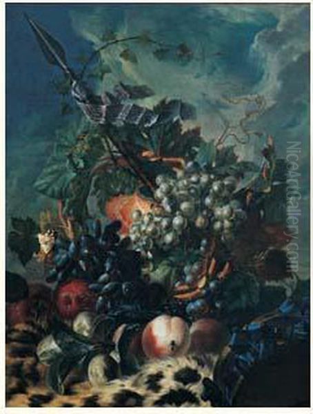 Nature Morte De Raisins, Peches Et Prunes Pres D'un Tambourin
 Disposes Sur Une Peau De Panthere - view 1