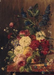 Roses And Other Summer Flowers In A Basket On A Ledge by Georgius Jacobus J. Van Os
