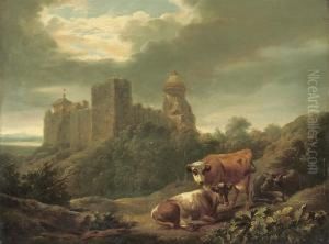 Cows In A Mountain Landscape With A Castle Beyond Cows In A Mountain Landscape With A Castle Beyond