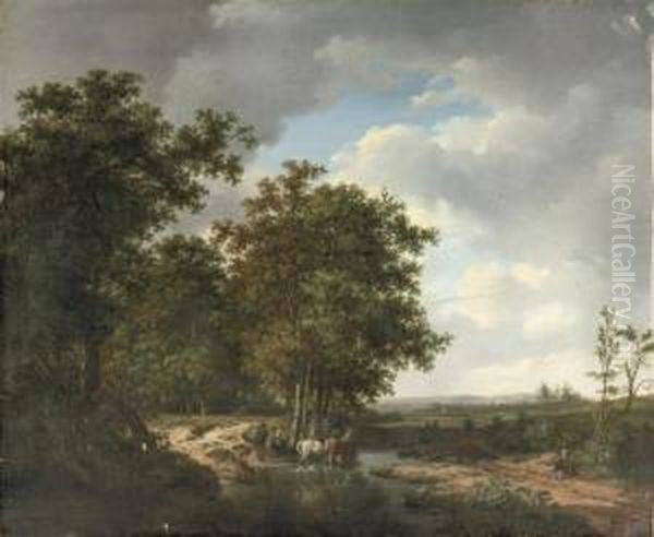 Horses In A Stream On The Edge Of A Forest - view 1