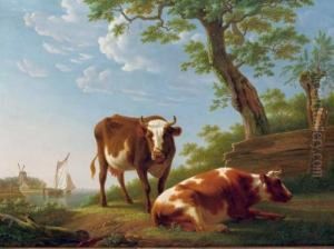 Two Cows Under A Tree In A River Landscape Two Cows Under A Tree In A River Landscape