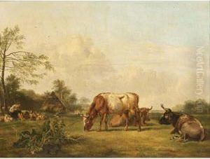 Grazing Cows In A Summer Landscape, A Shepherd And His Flock In The Background by Pieter Gerardus Van Os