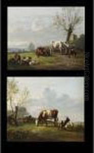 A Shepherd And His Flock; Cattle In A Meadow (a Pair) by Pieter Gerardus Van Os