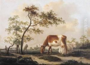 Cows On A Farmyard With A Village In The Distance by Pieter Gerardus Van Os