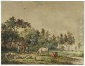 A Wooded Landscape With Peasants And Cattle By A Farm A Wooded Landscape With Peasants And Cattle By A Farm