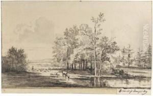 A Pond In A Wood With A Herdsman Watering His Cattle