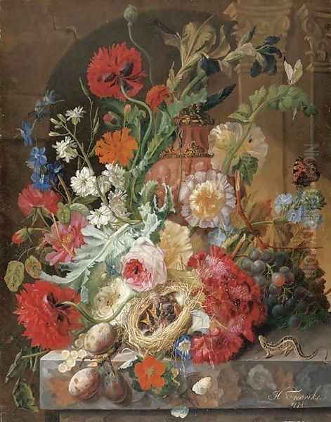 Irises, peonies, roses, and other flowers surrounding a terracotta urn, with a birds' nest, grapes, and plums - view 1
