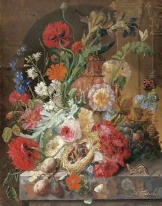 Irises, peonies, roses, and other flowers surrounding a terracotta urn, with a birds' nest, grapes, and plums