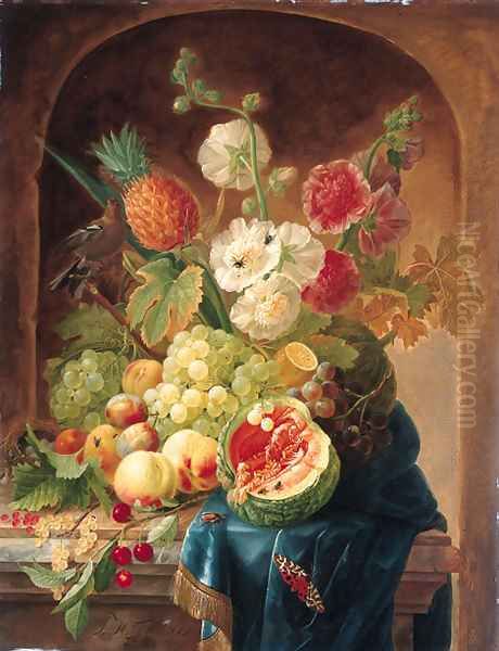 Melons, grapes, a lemon, peaches, plums, cherries, white currants, gooseberries, a bird's nest, a pineapple and hollyhocks on a draped marble ledge - view 1