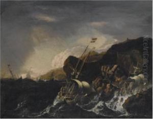 Shipping In A Heavy Storm Along A
 Rocky Coast, A Shipwreck Inthe Foreground, Figures Coming To The Rescue
 On The Shore by Matthieu Van Plattenberg