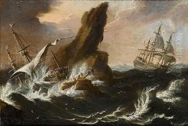 A Rocky Coastline With A Ship Foundering In Stormy Seas - view 1
