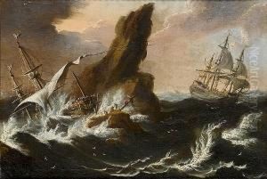 A Rocky Coastline With A Ship Foundering In Stormy Seas by Matthieu Van Plattenberg