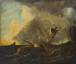 Shipping Foundering In Stormy Seas Off A Rocky Coastline by Matthieu Van Plattenberg